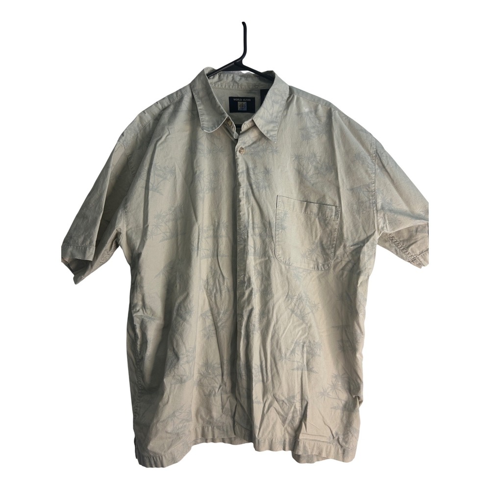 World Island Mens XL Tan Palm Tree Print Short Sleeve Cotton Button Down Shirt